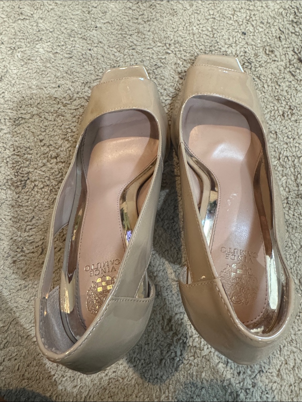 Vince Camuto Nude Patent Open-Toe Heels - Picture 4 of 5